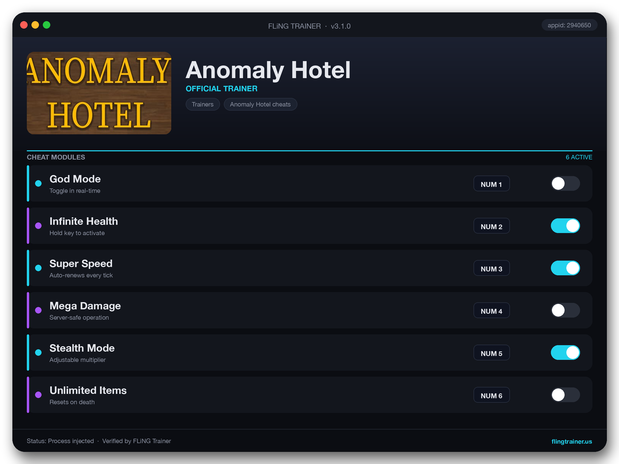 Anomaly Hotel Trainer interface