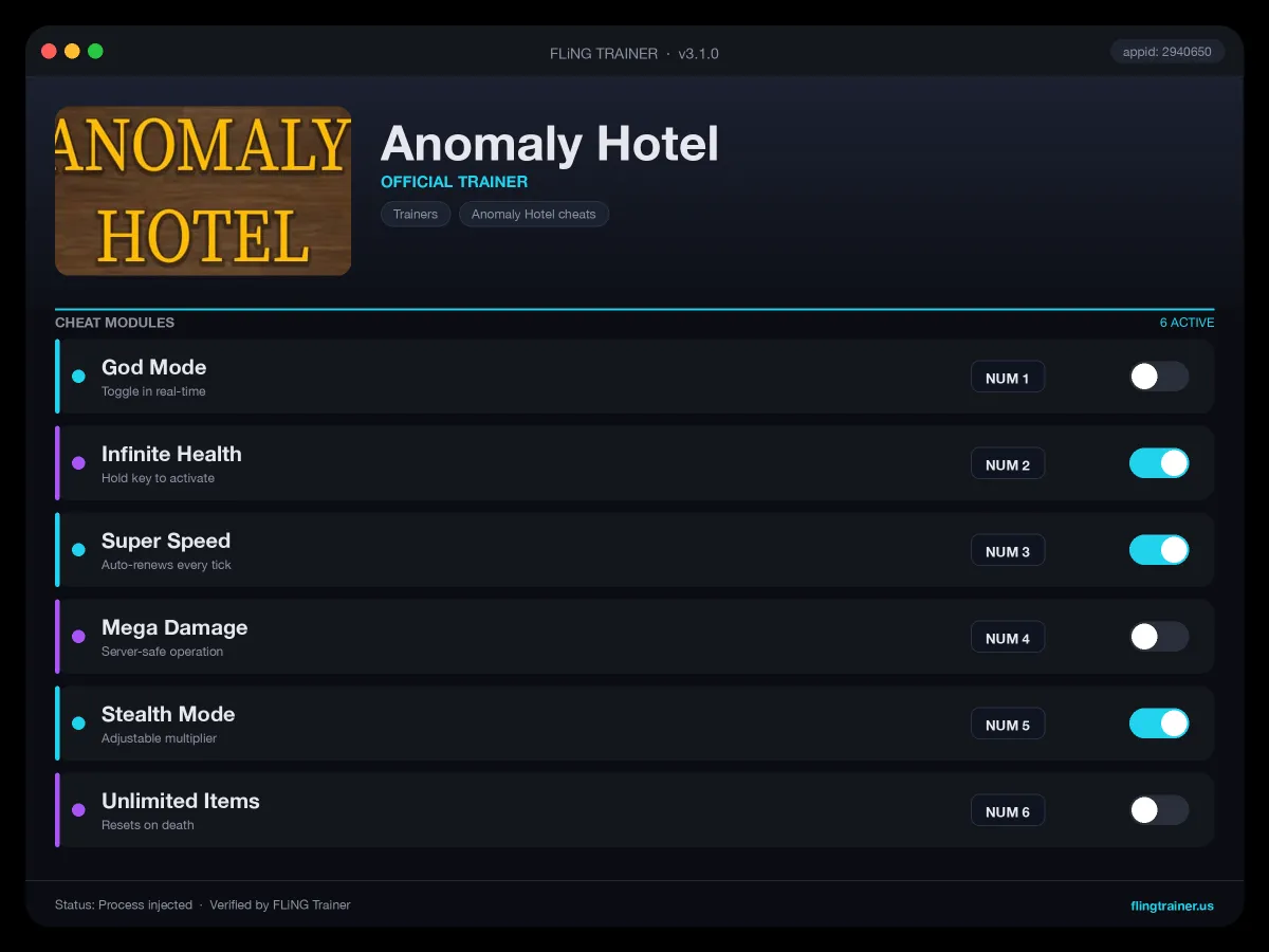 Anomaly Hotel Trainer interface