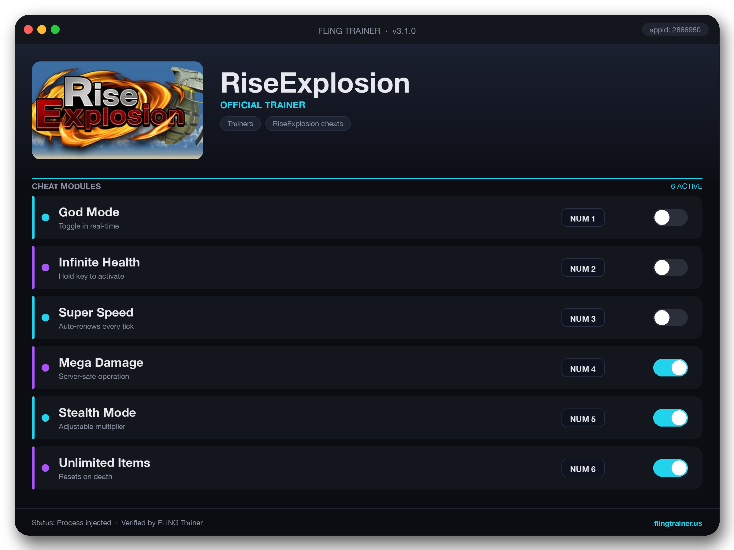 RiseExplosion Trainer interface