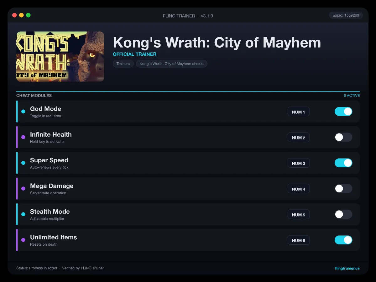 Kong's Wrath: City of Mayhem Trainer interface