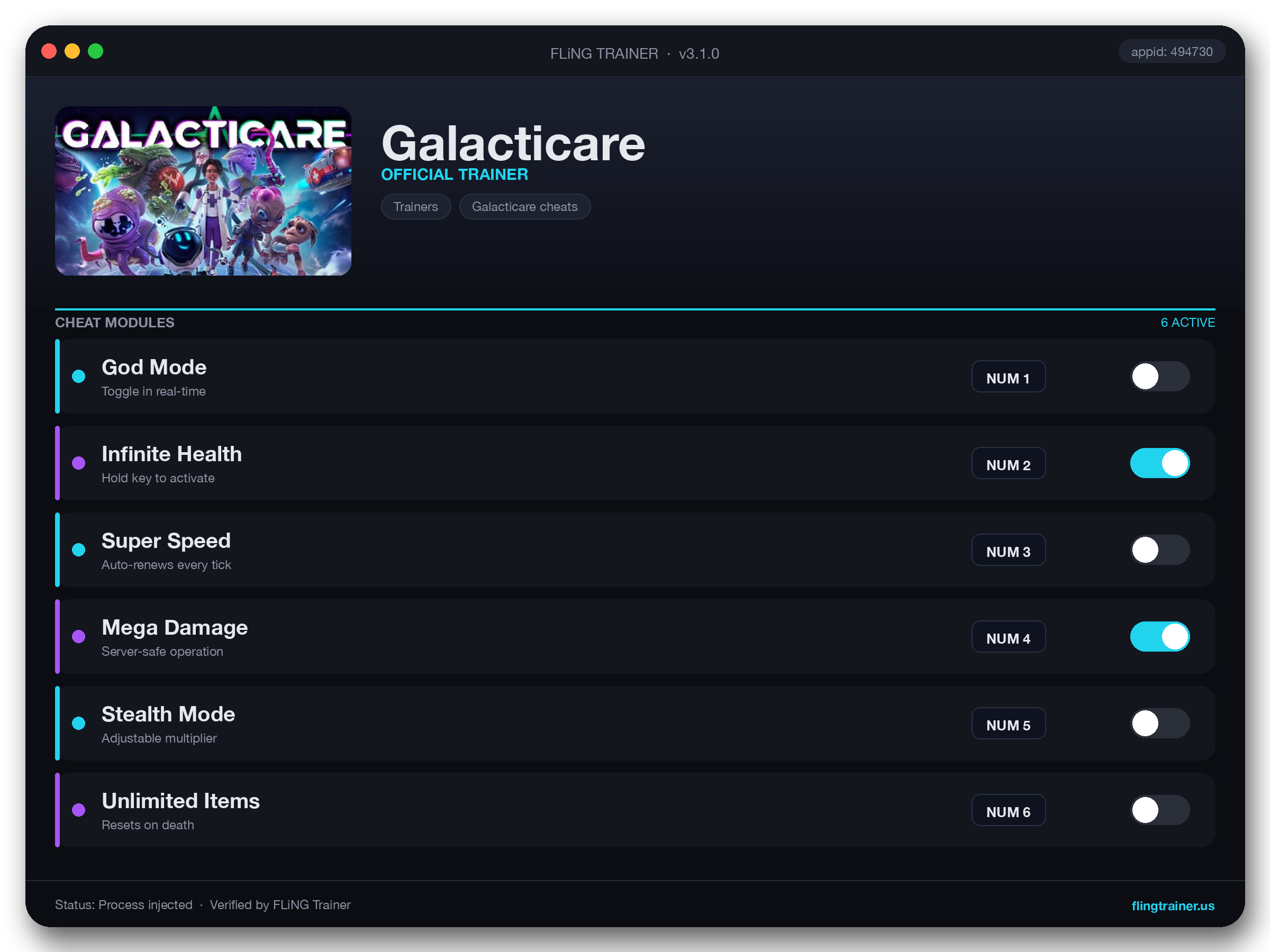 Galacticare Trainer interface
