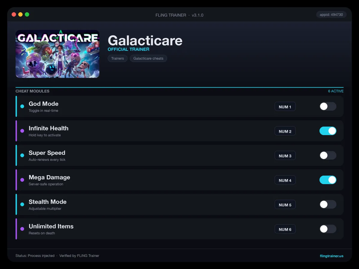 Galacticare Trainer interface