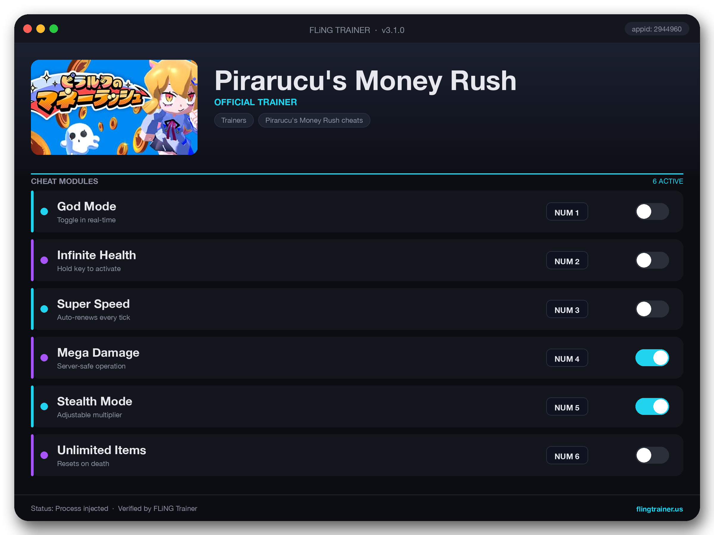 Pirarucu's Money Rush Trainer interface