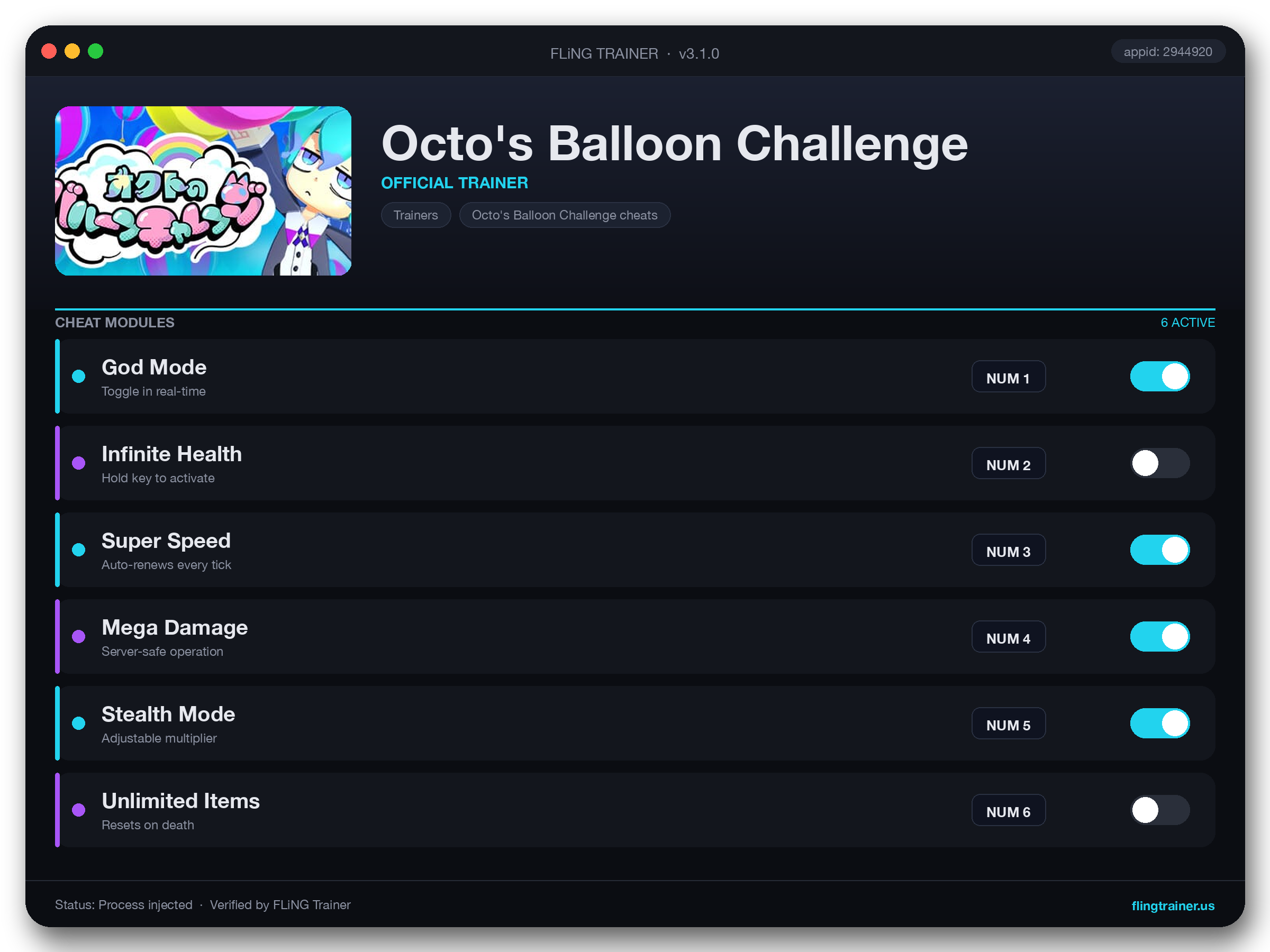 Octo's Balloon Challenge Trainer interface