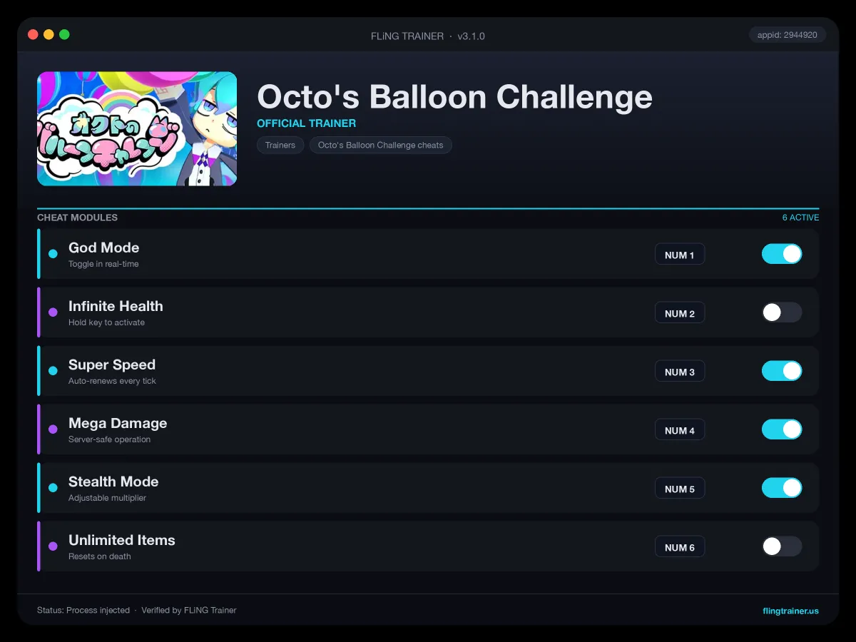 Octo's Balloon Challenge Trainer interface
