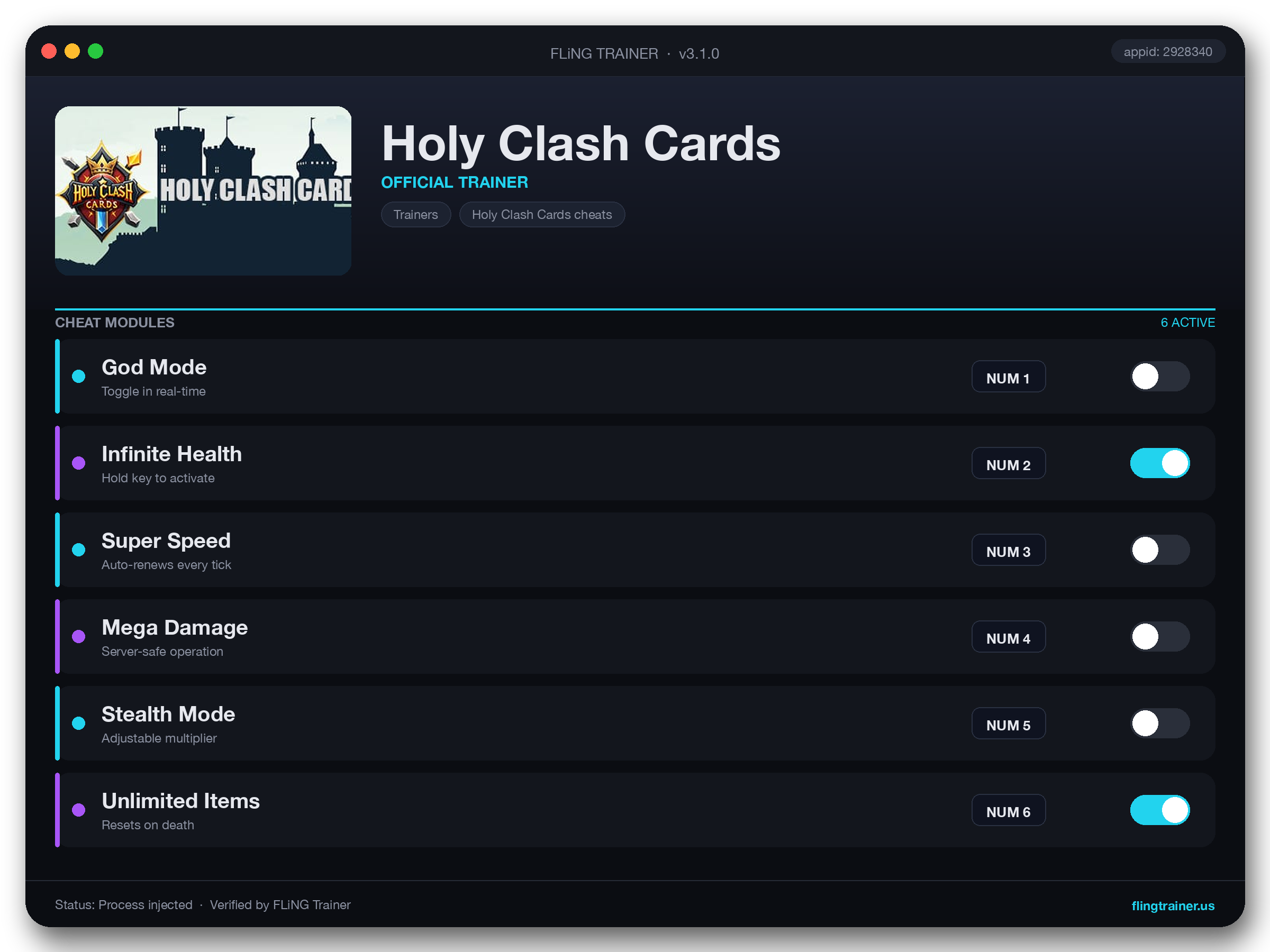 Holy Clash Cards Trainer interface