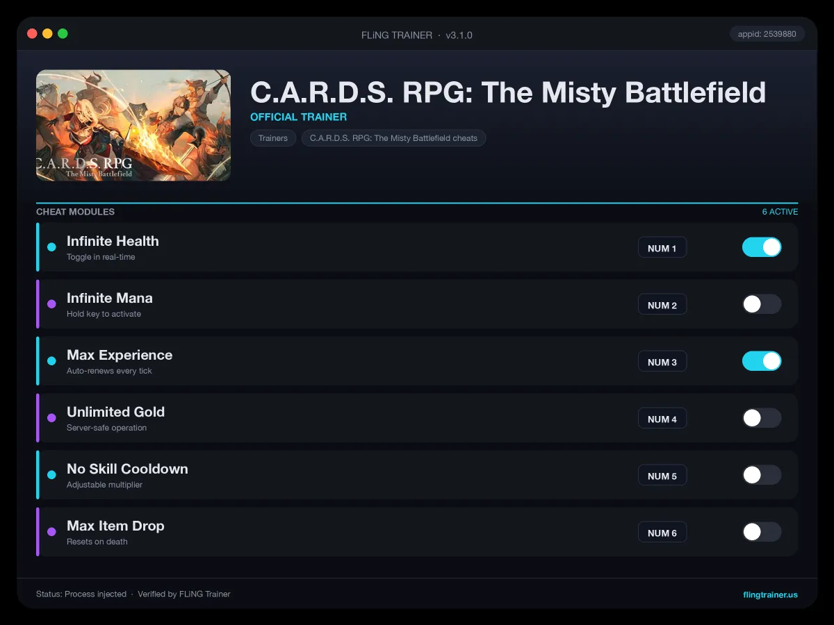 C.A.R.D.S. RPG: The Misty Battlefield Trainer interface