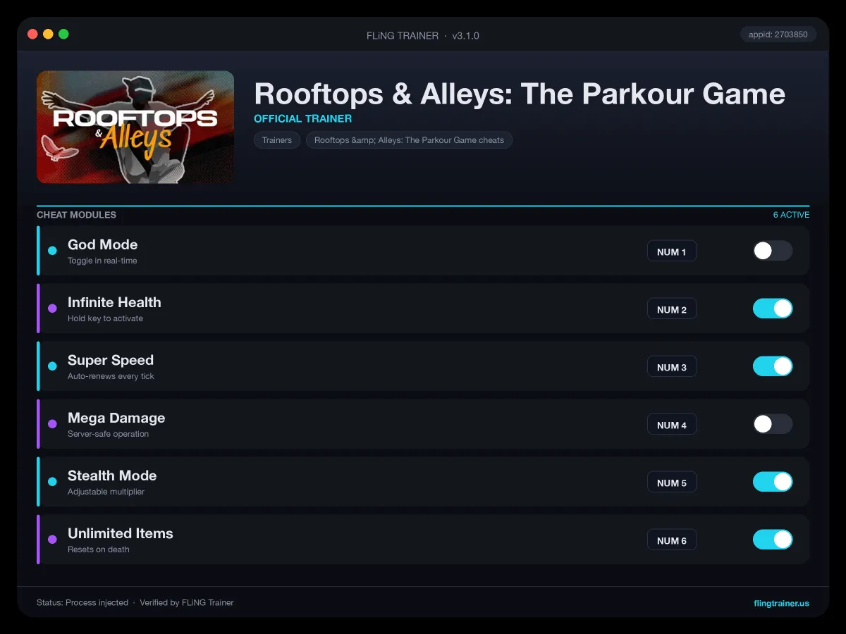 Rooftops & Alleys: The Parkour Game Trainer interface