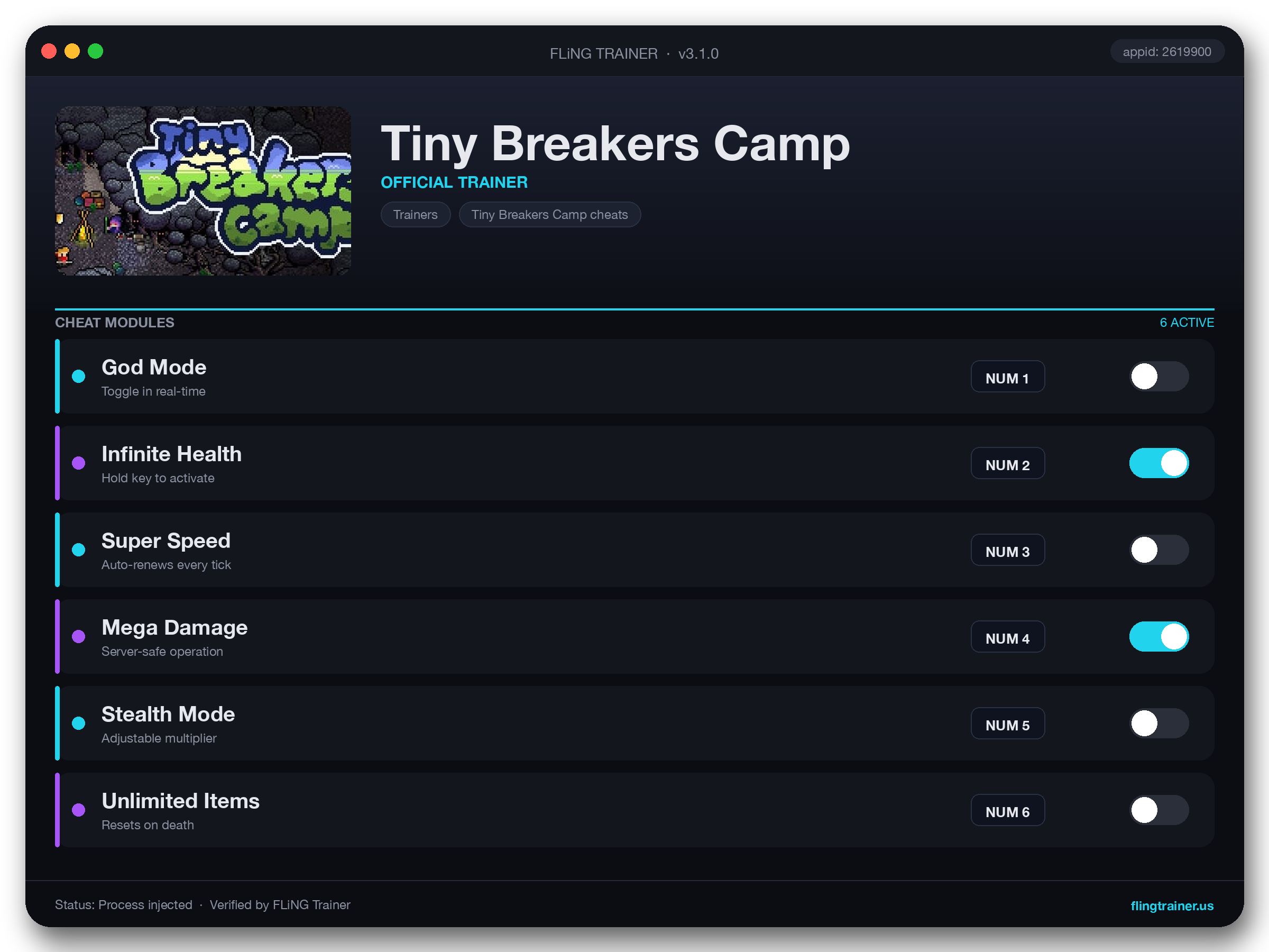 Tiny Breakers Camp Trainer interface