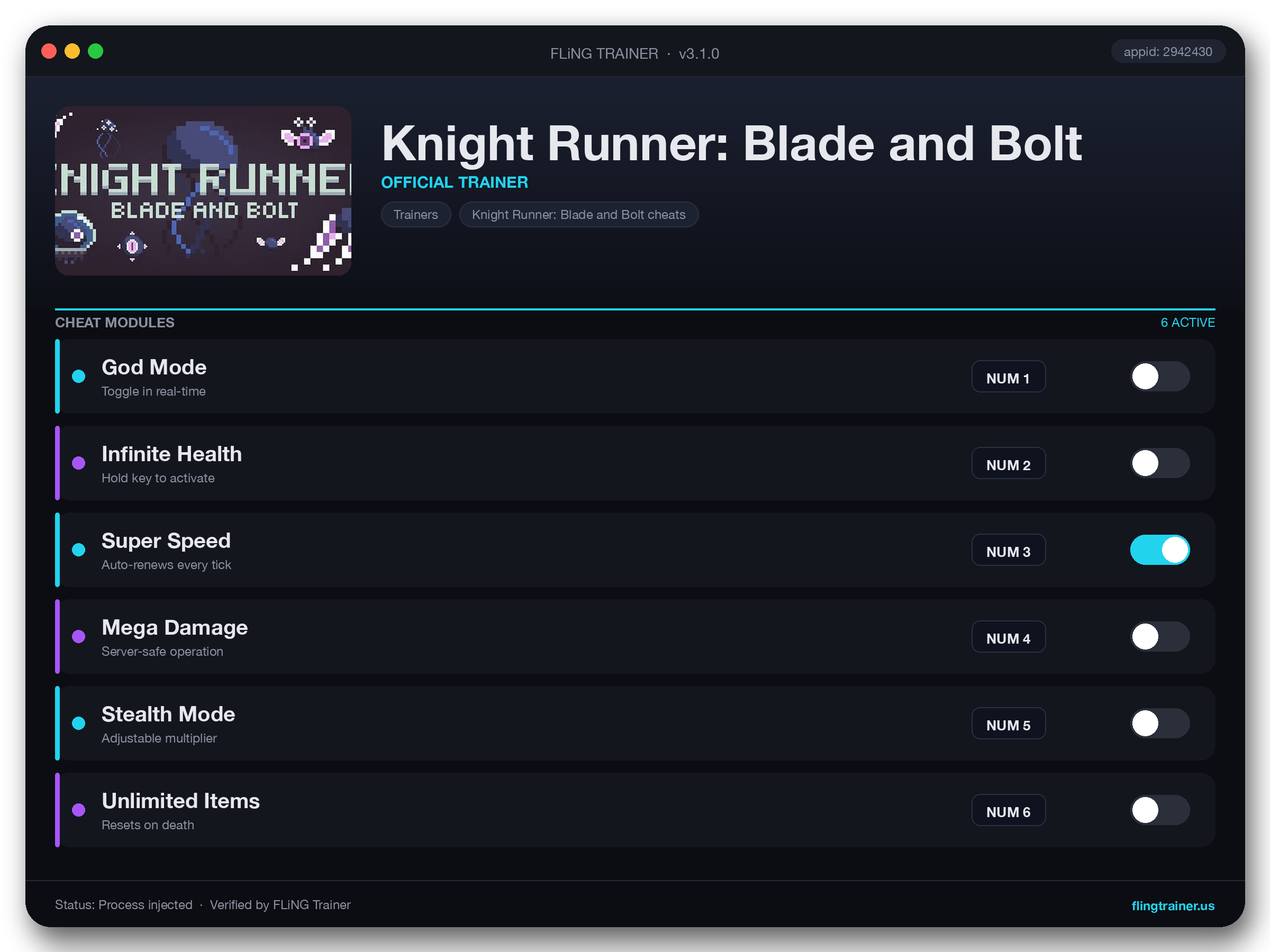 Knight Runner: Blade and Bolt Trainer interface