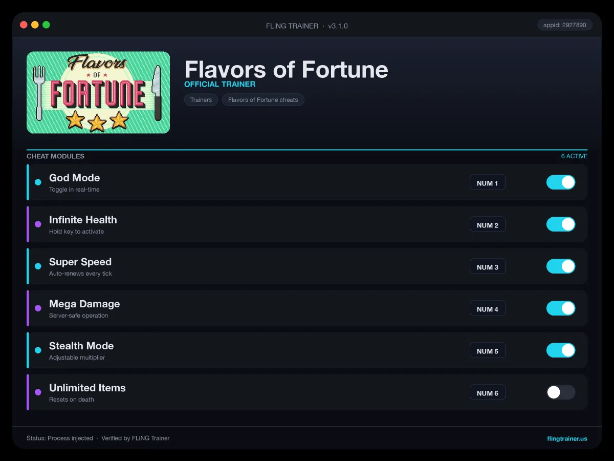 Flavors of Fortune Trainer interface
