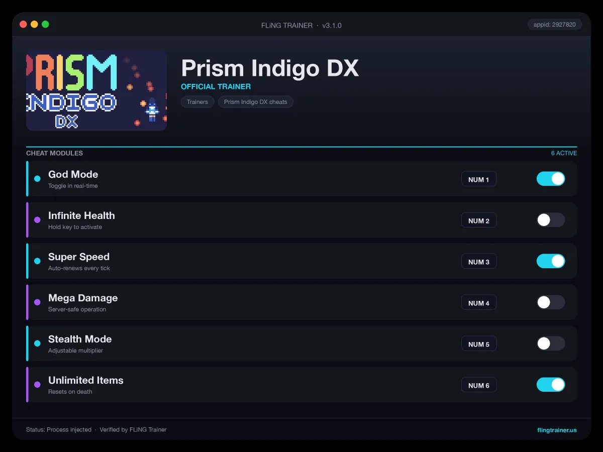 Prism Indigo DX Trainer interface