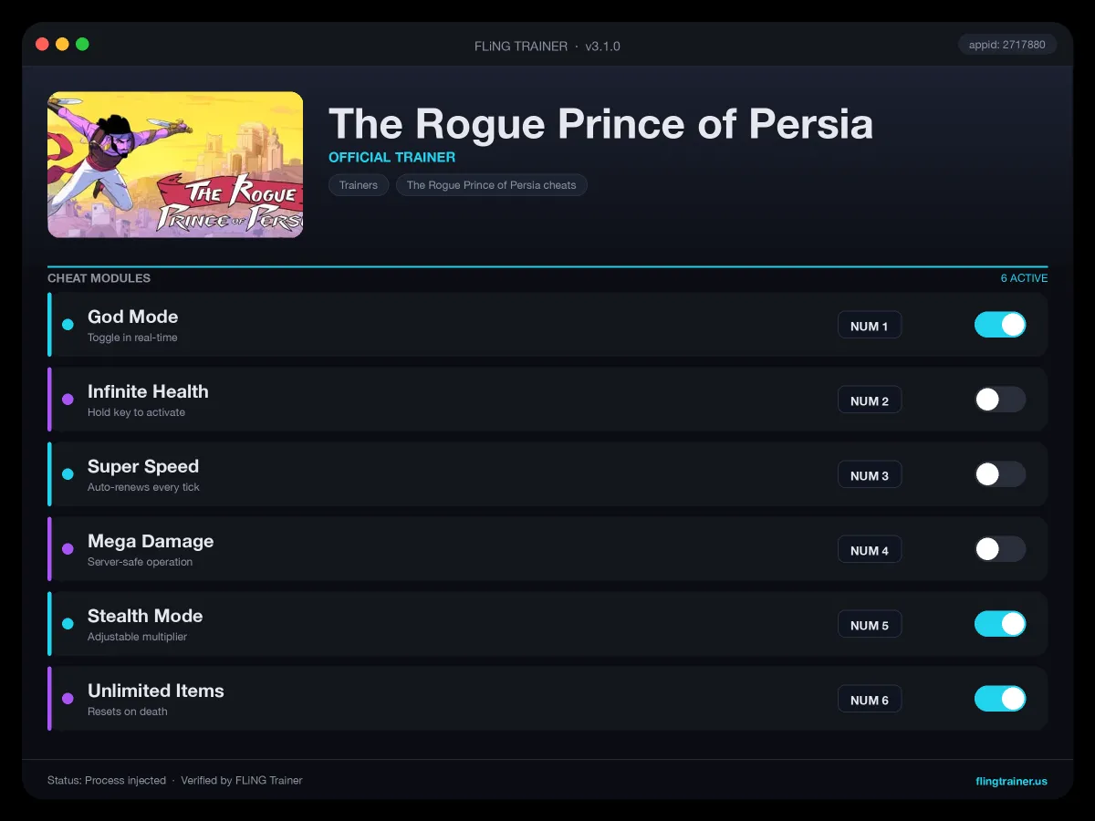 The Rogue Prince of Persia Trainer interface