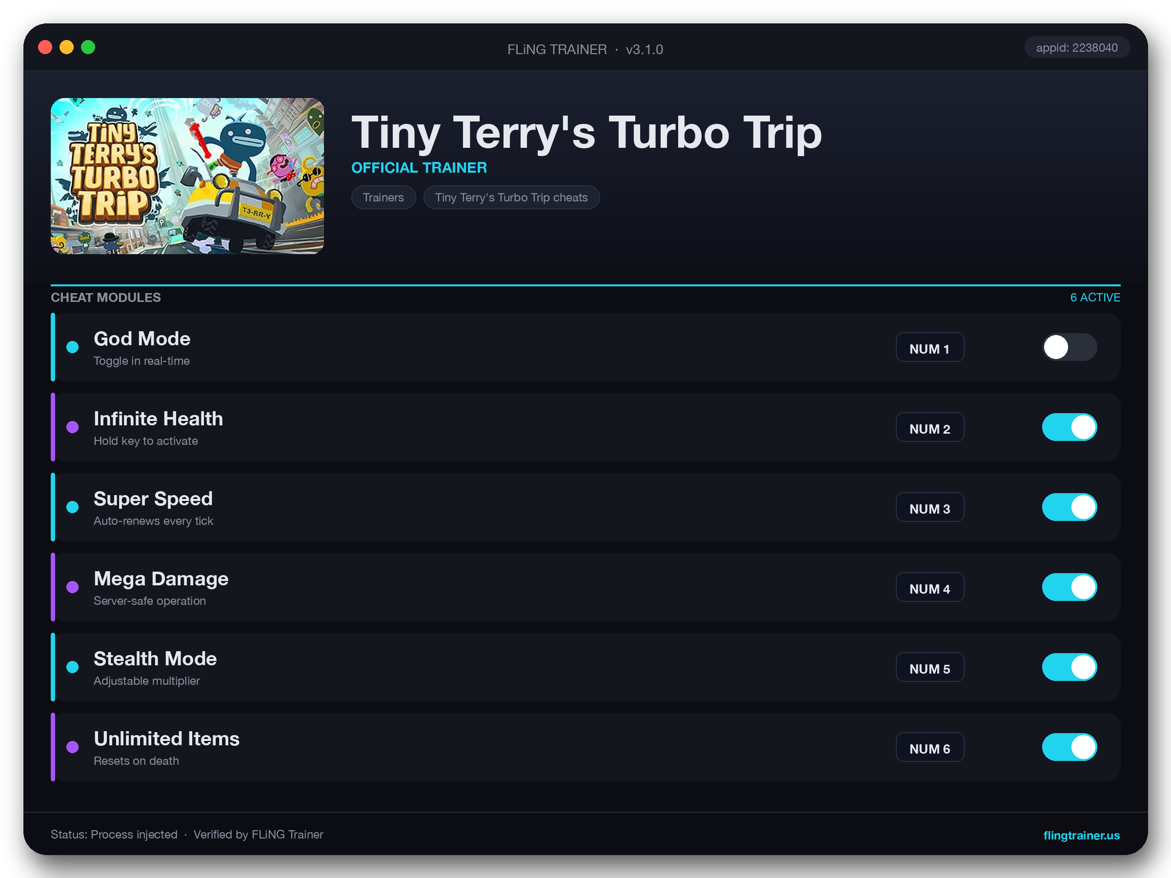 Tiny Terry's Turbo Trip Trainer interface