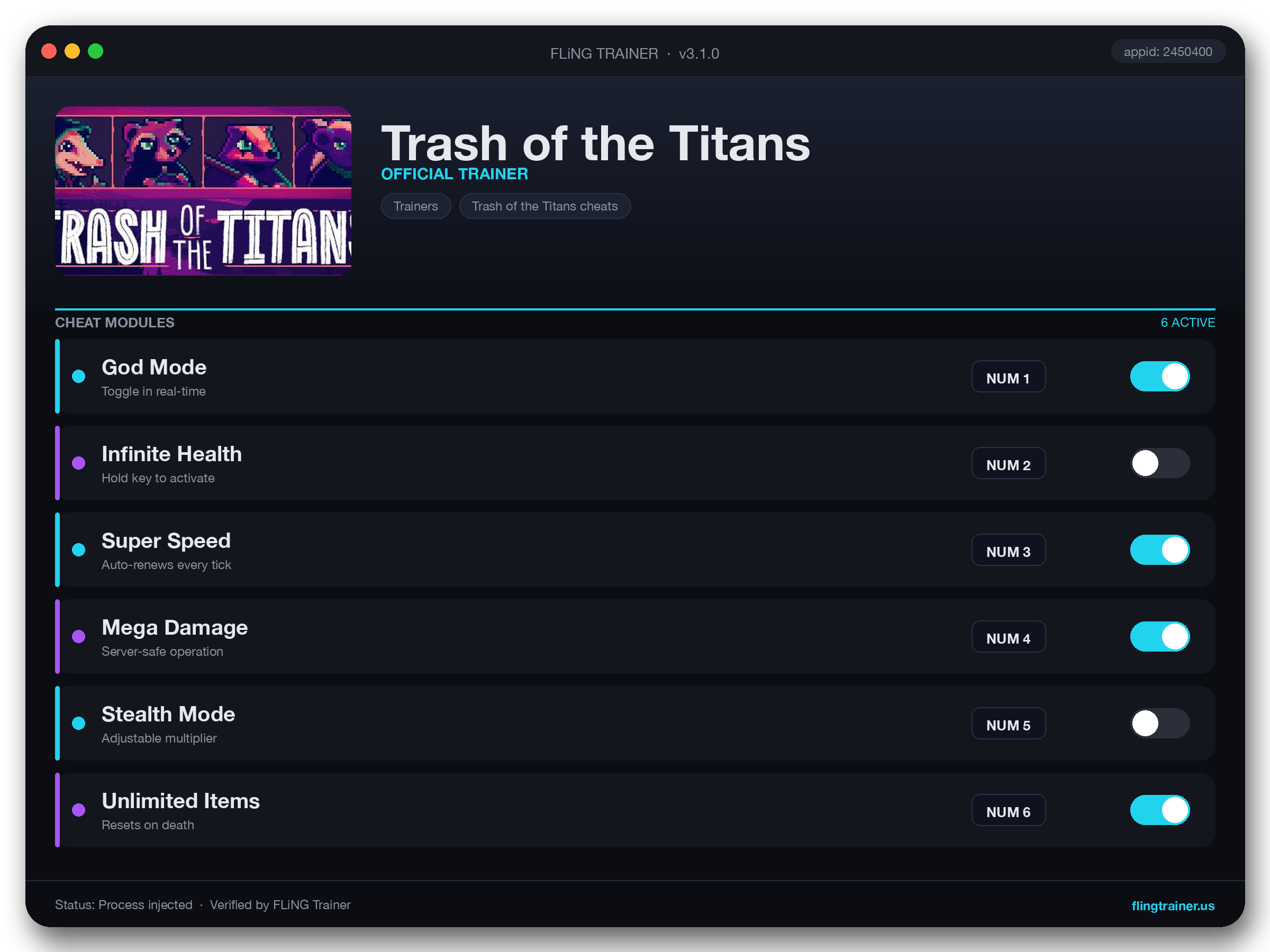 Trash of the Titans Trainer interface