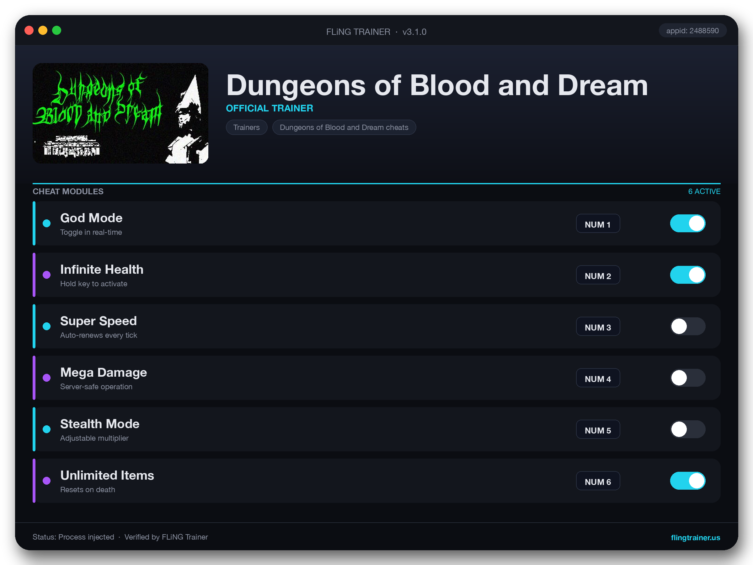 Dungeons of Blood and Dream Trainer interface