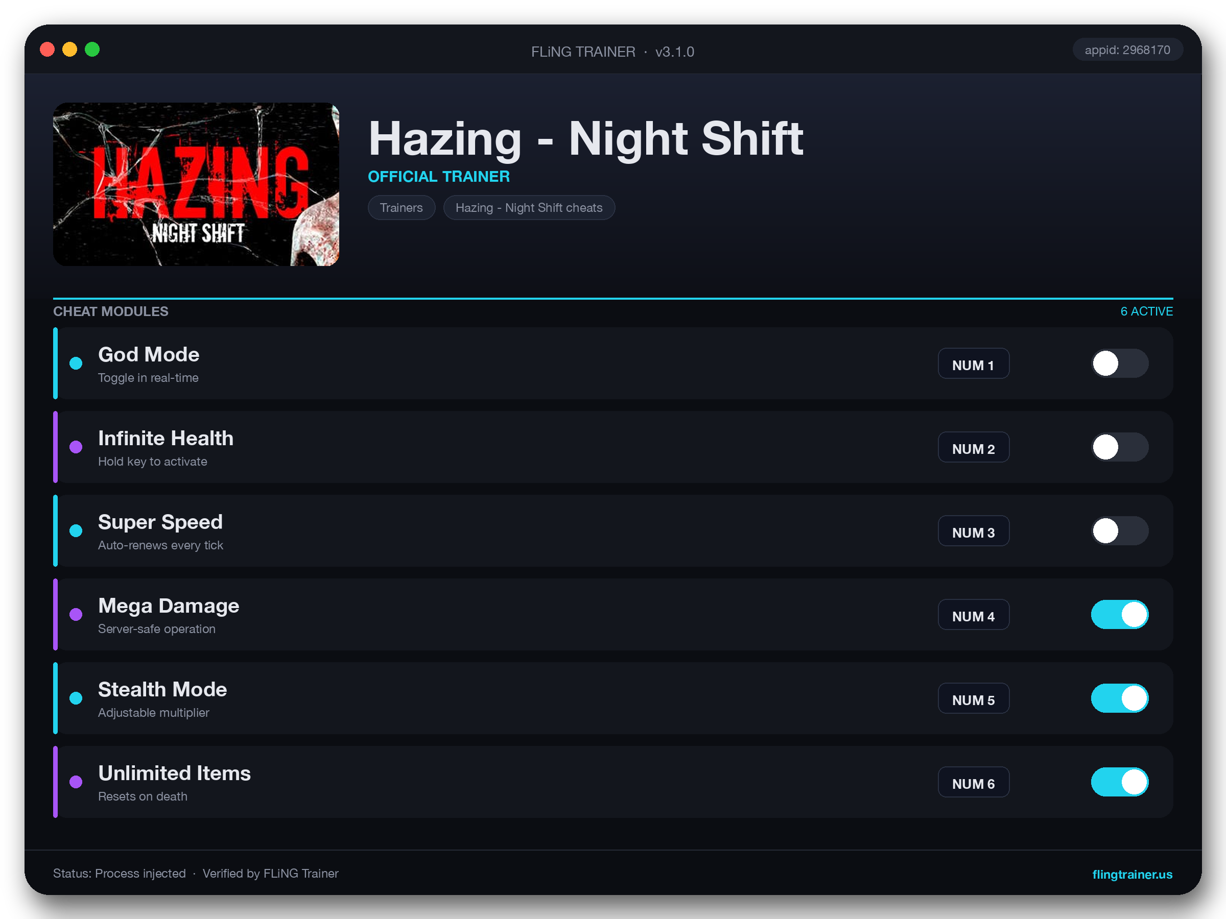 Hazing - Night Shift Trainer interface