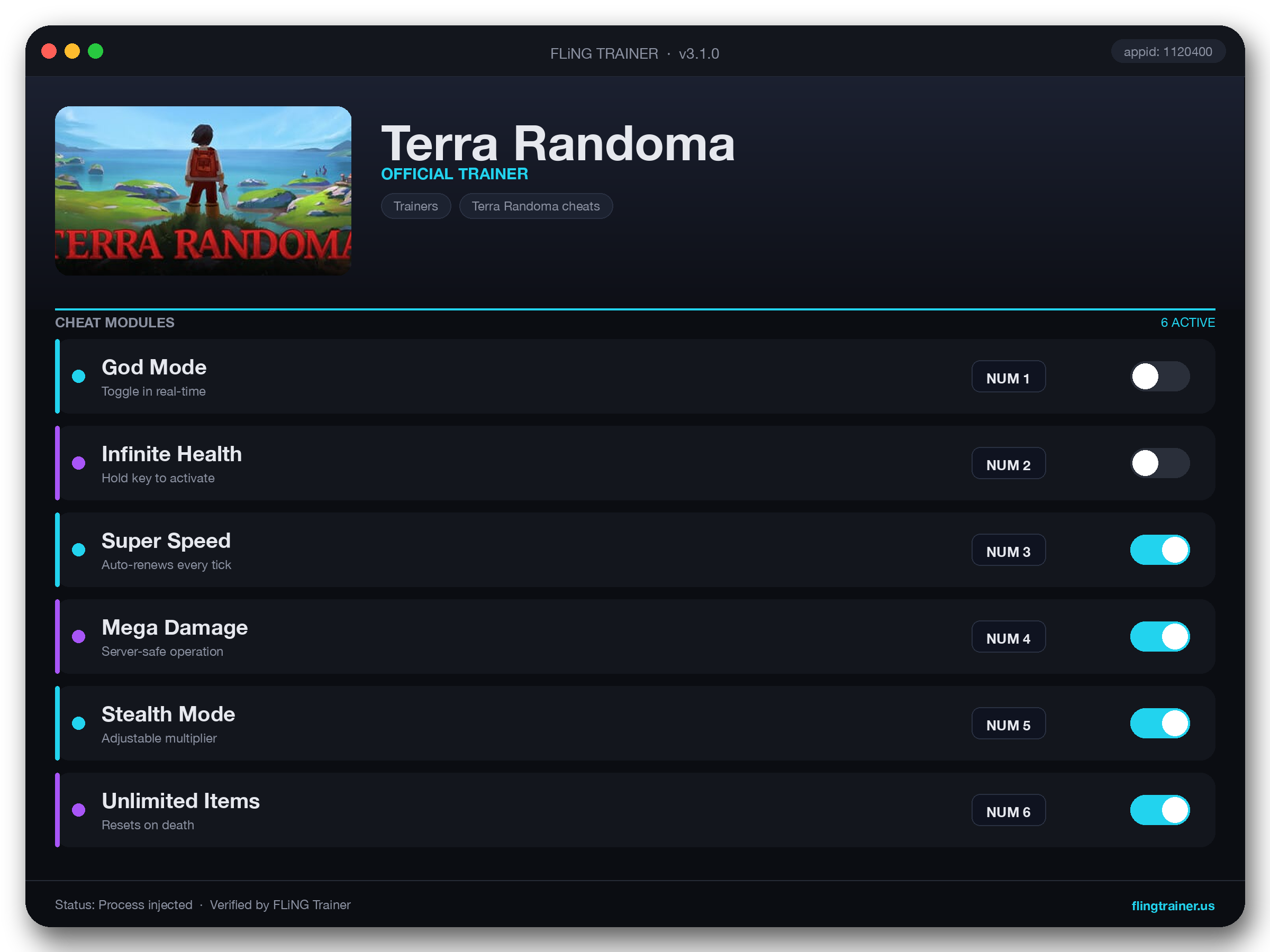 Terra Randoma Trainer interface