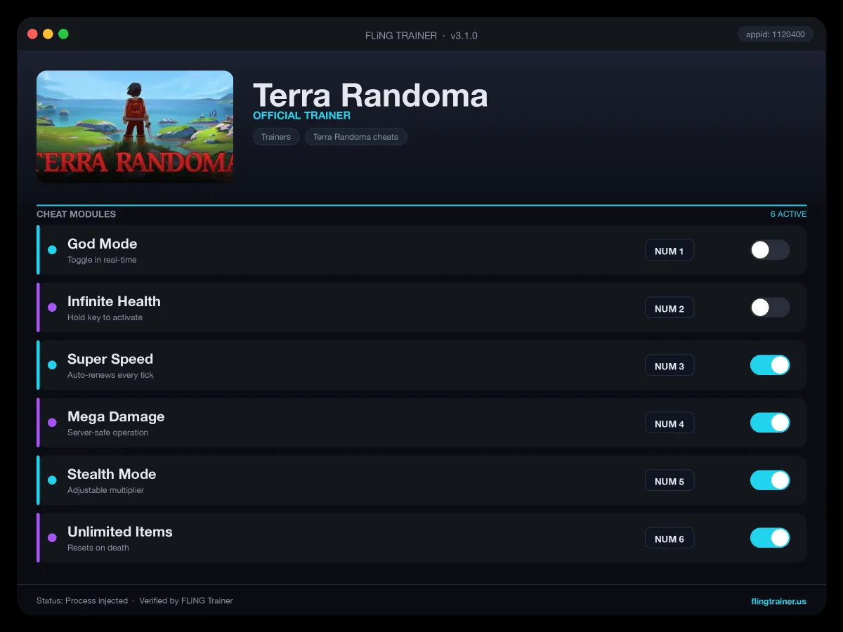 Terra Randoma Trainer interface