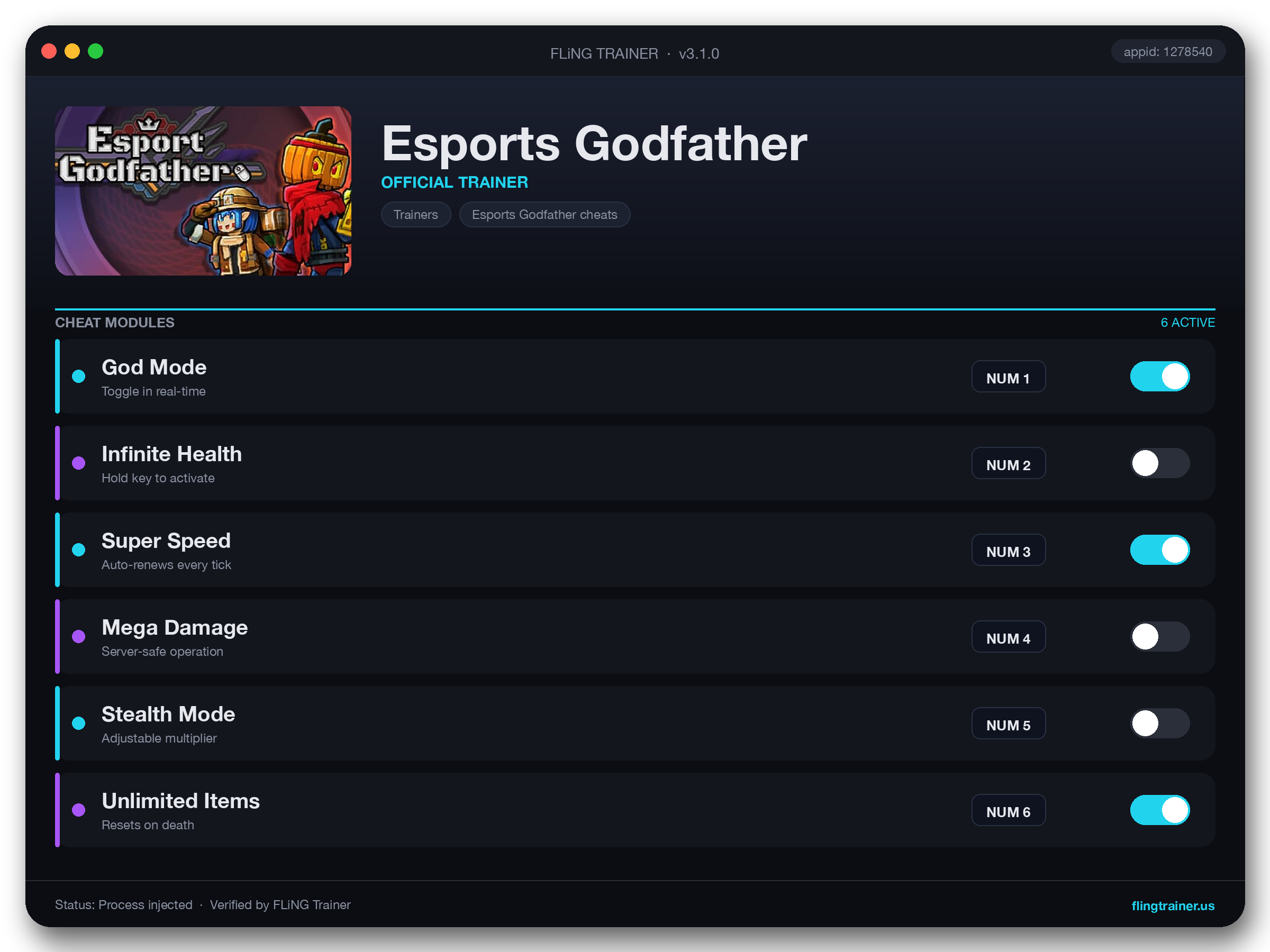 Esports Godfather Trainer interface