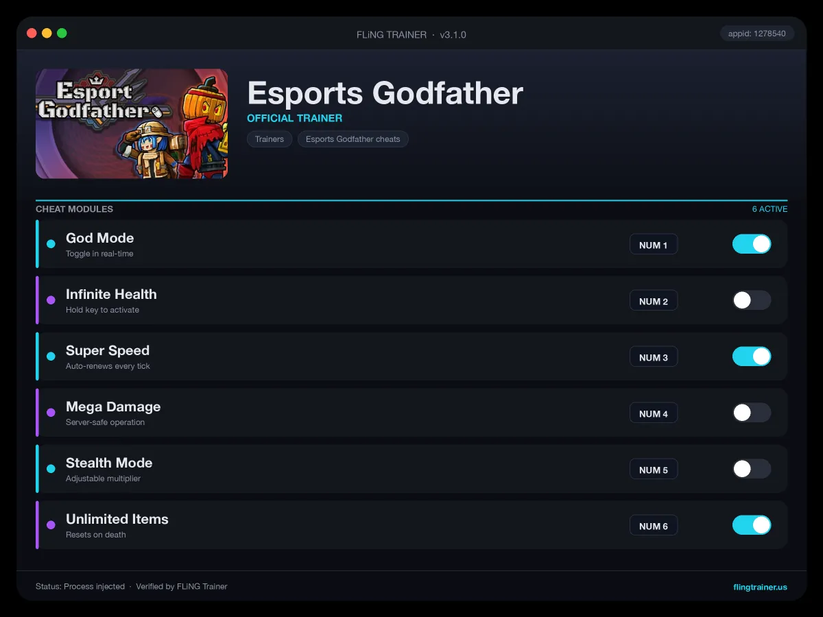 Esports Godfather Trainer interface