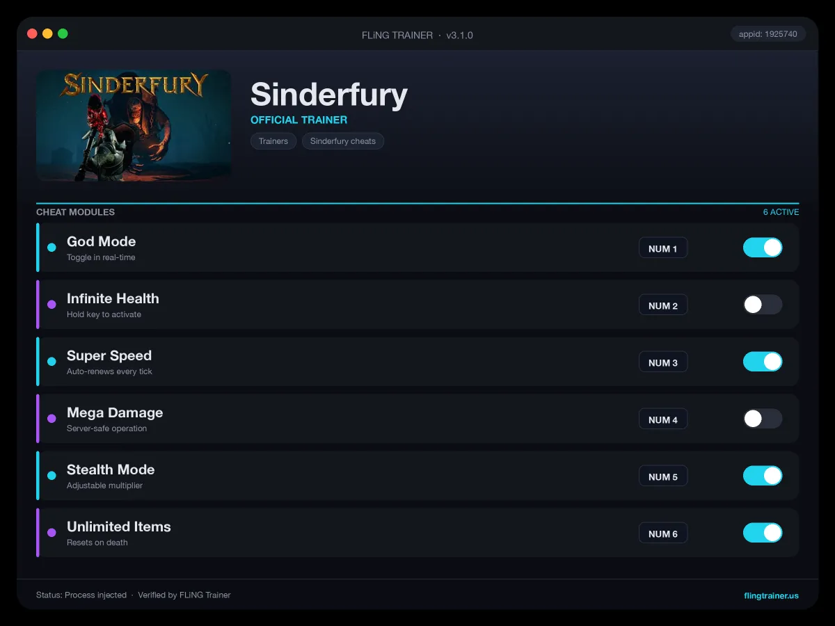 Sinderfury Trainer interface