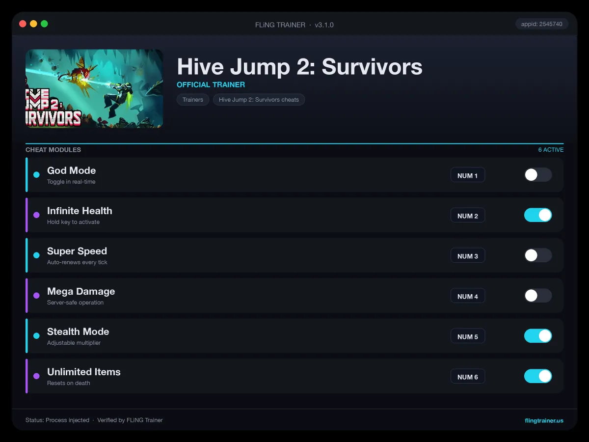Hive Jump 2: Survivors Trainer interface