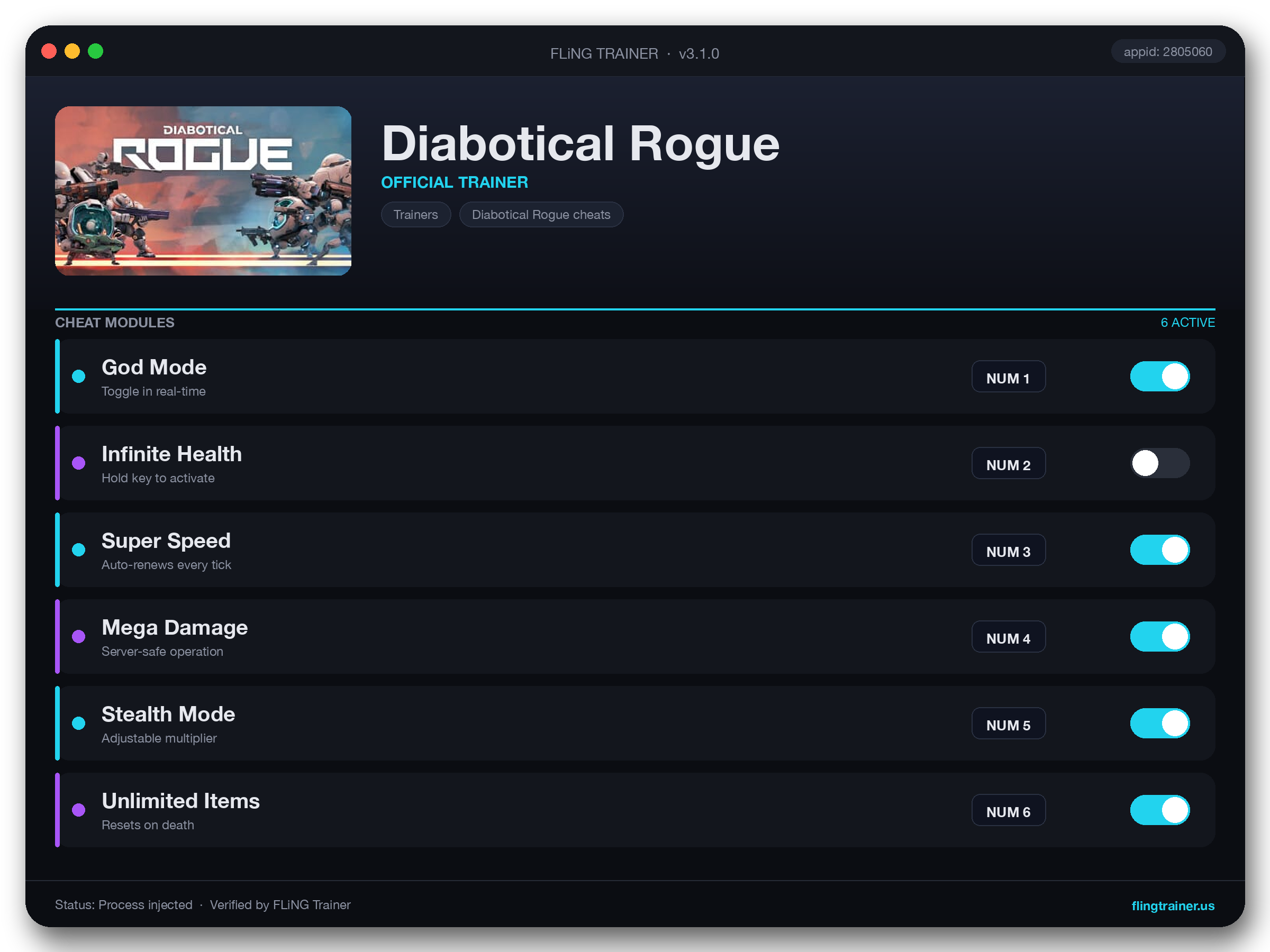 Diabotical Rogue Trainer interface