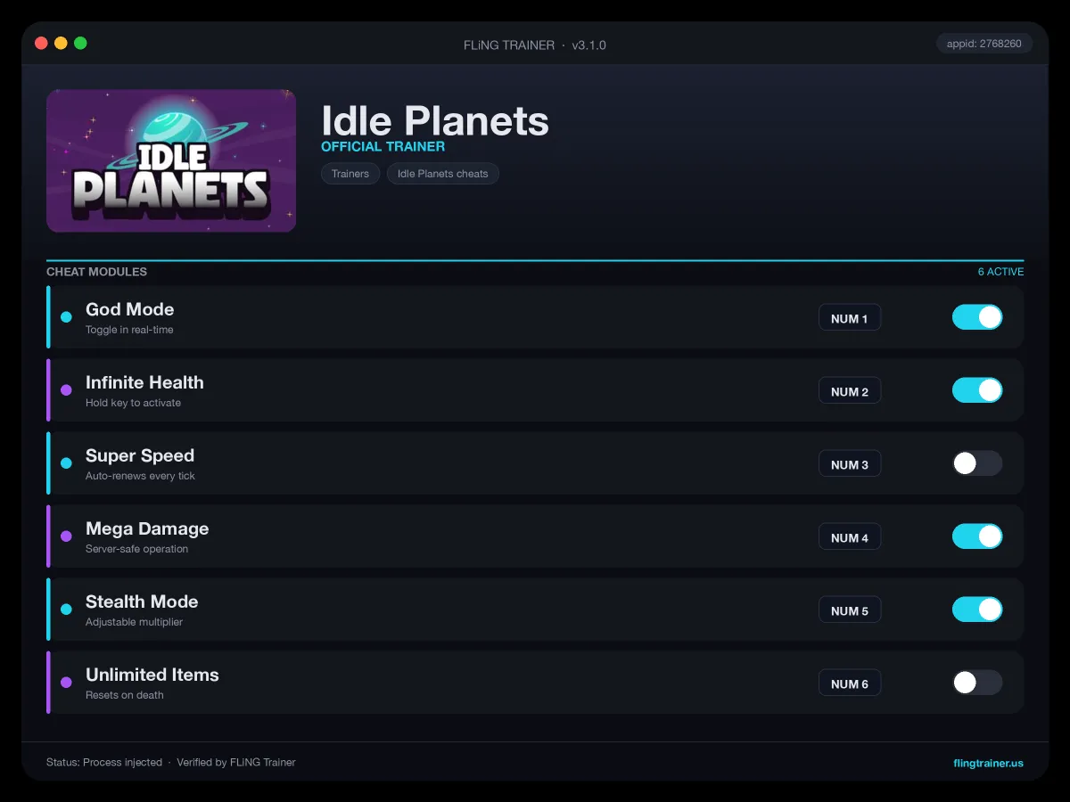 Idle Planets Trainer interface