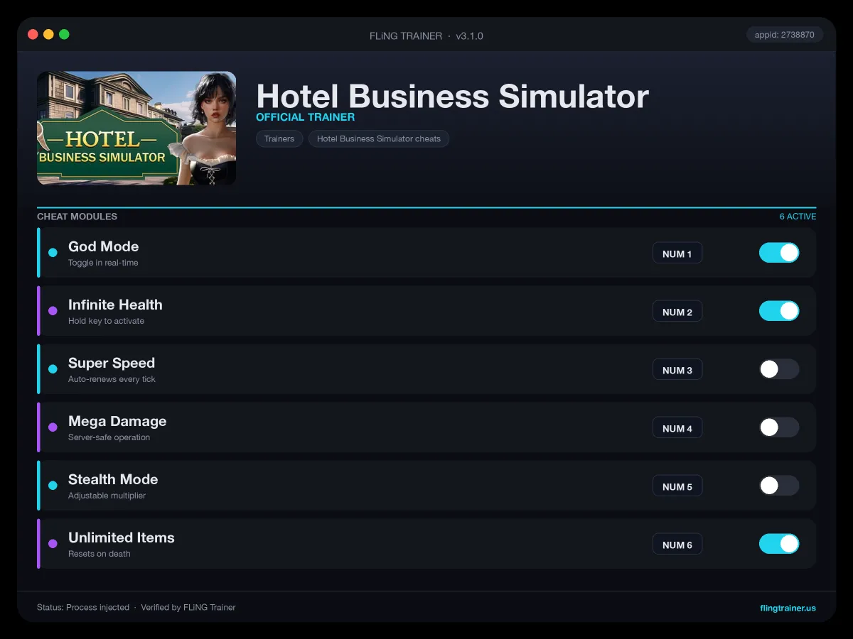 Hotel Business Simulator Trainer interface