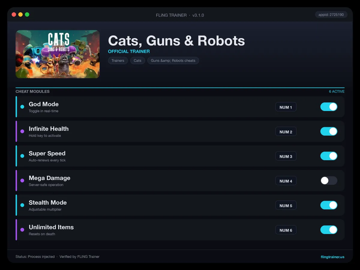 Cats, Guns & Robots Trainer interface
