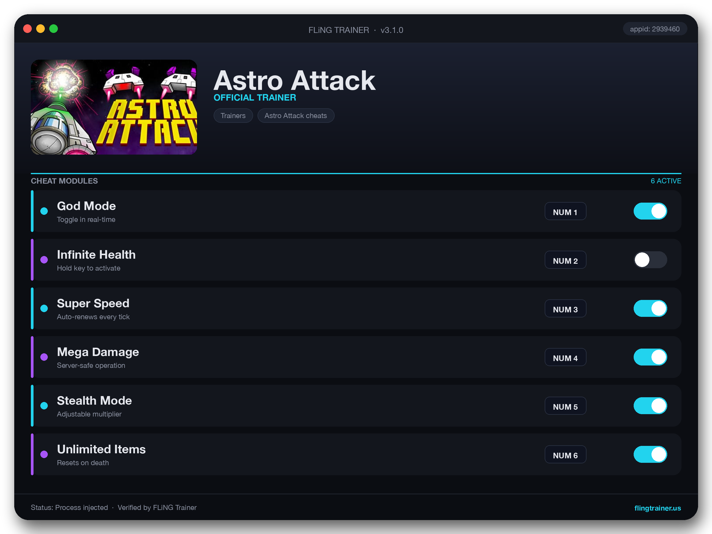 Astro Attack Trainer interface