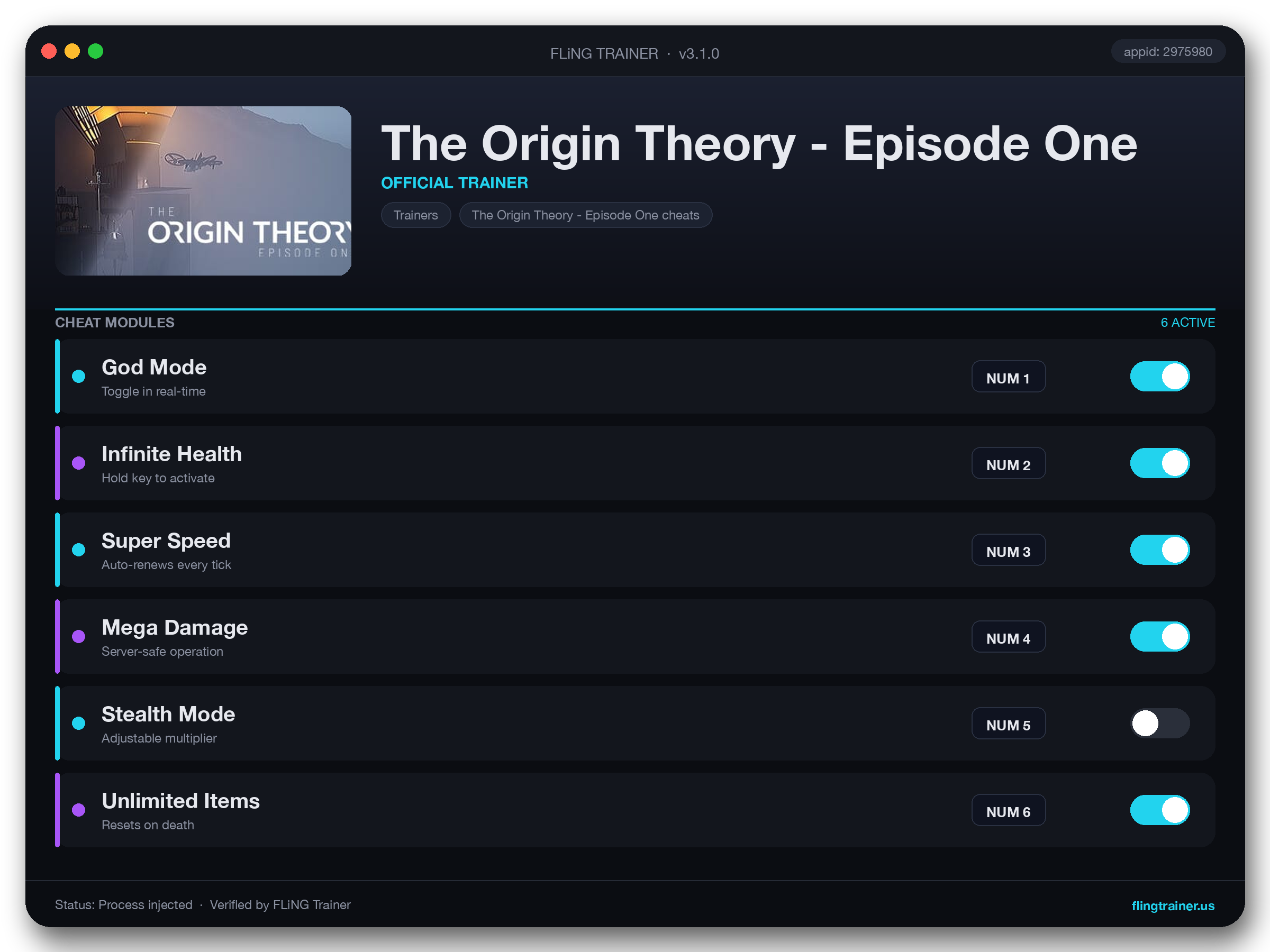 The Origin Theory - Episode One Trainer interface