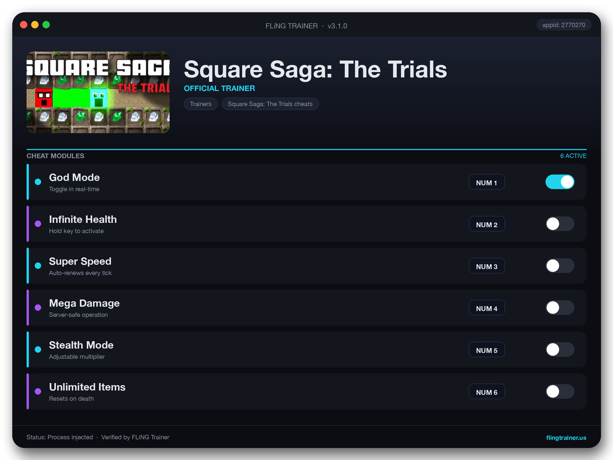 Square Saga: The Trials Trainer interface