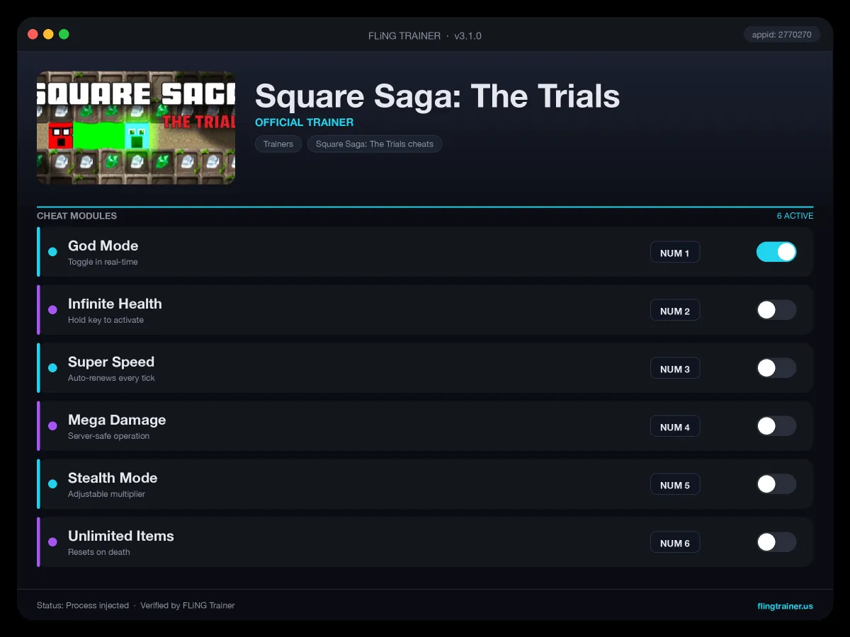 Square Saga: The Trials Trainer interface
