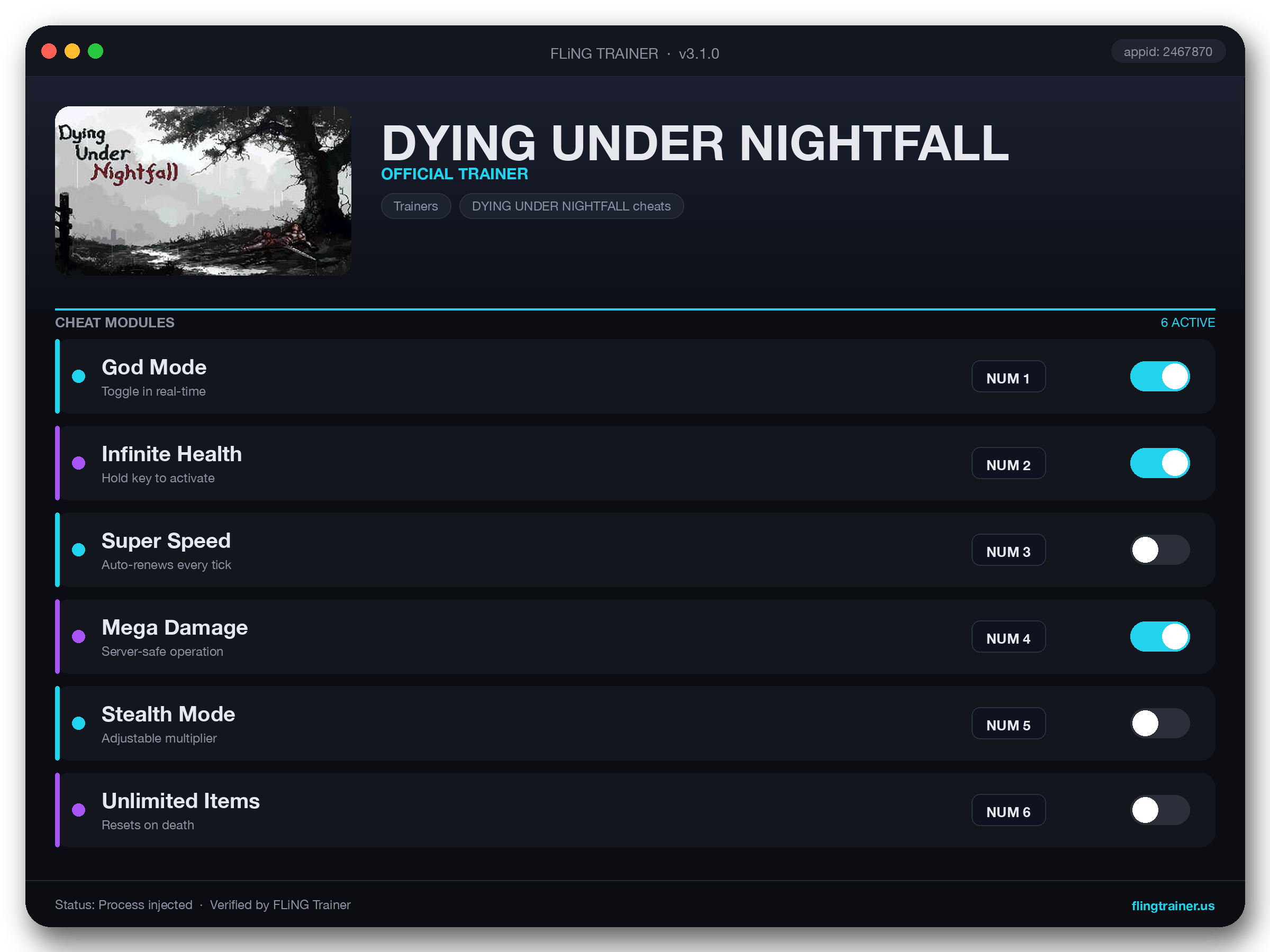DYING UNDER NIGHTFALL Trainer interface
