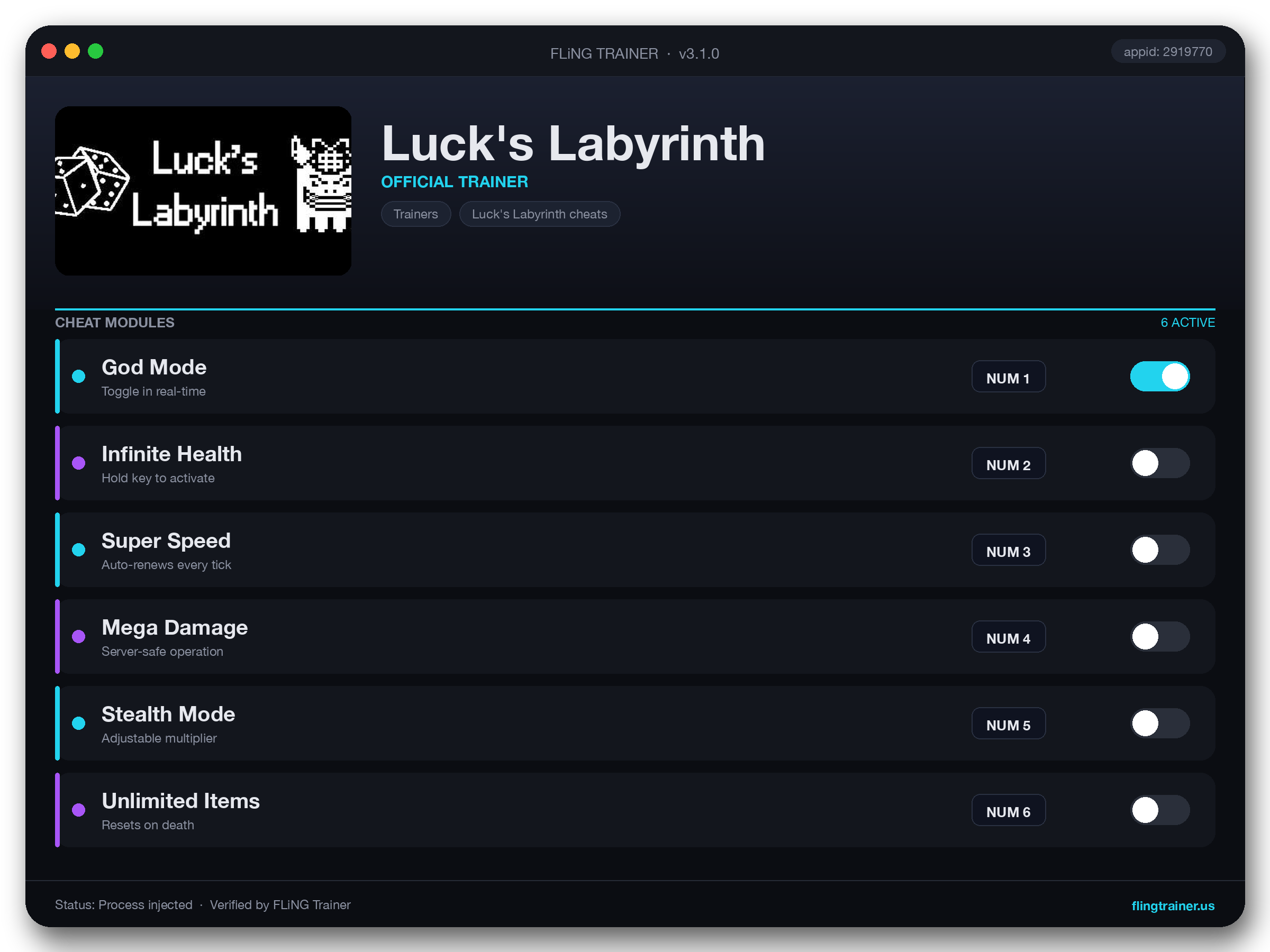 Luck's Labyrinth Trainer interface