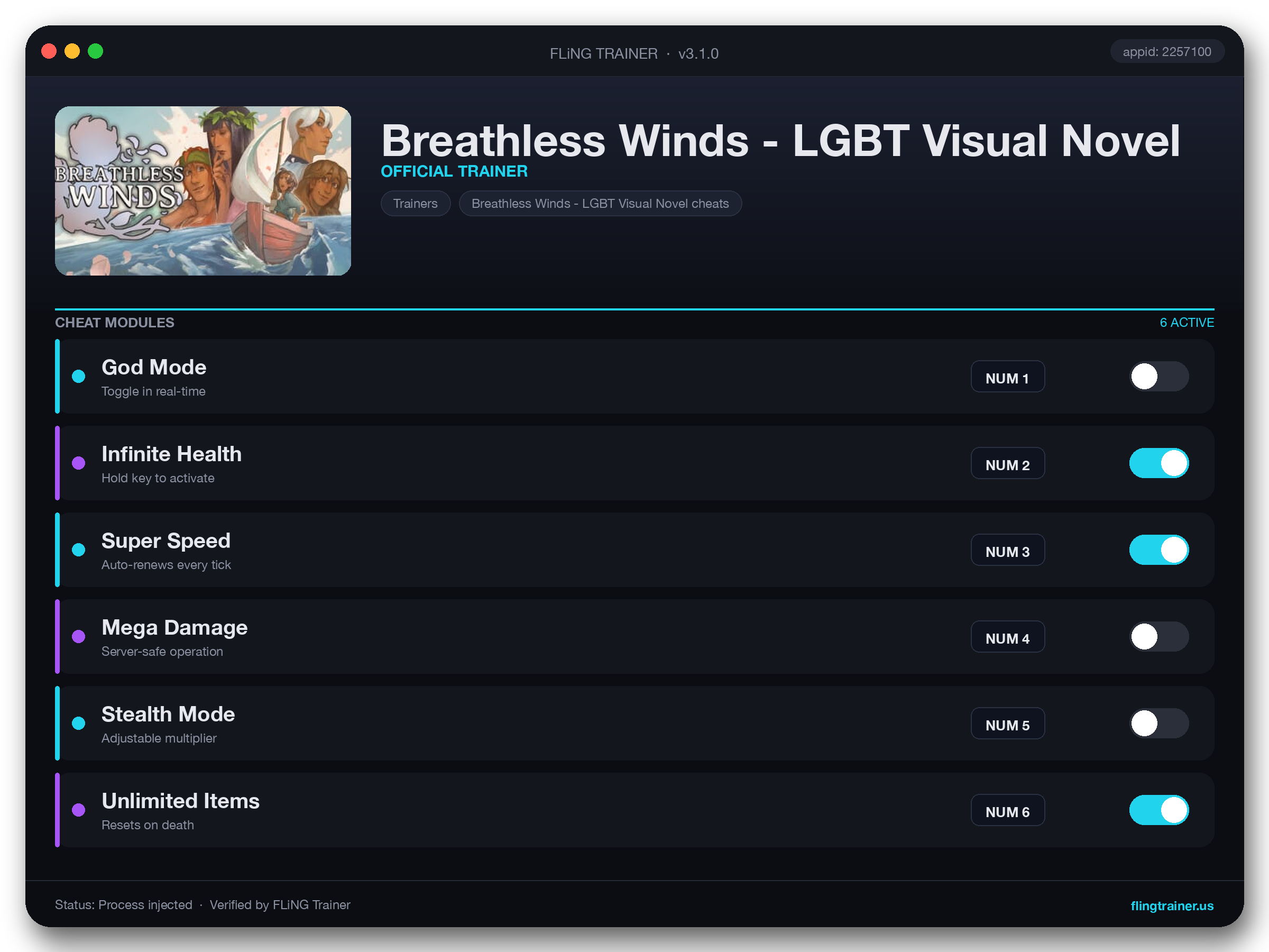 Breathless Winds - LGBT Visual Novel Trainer interface