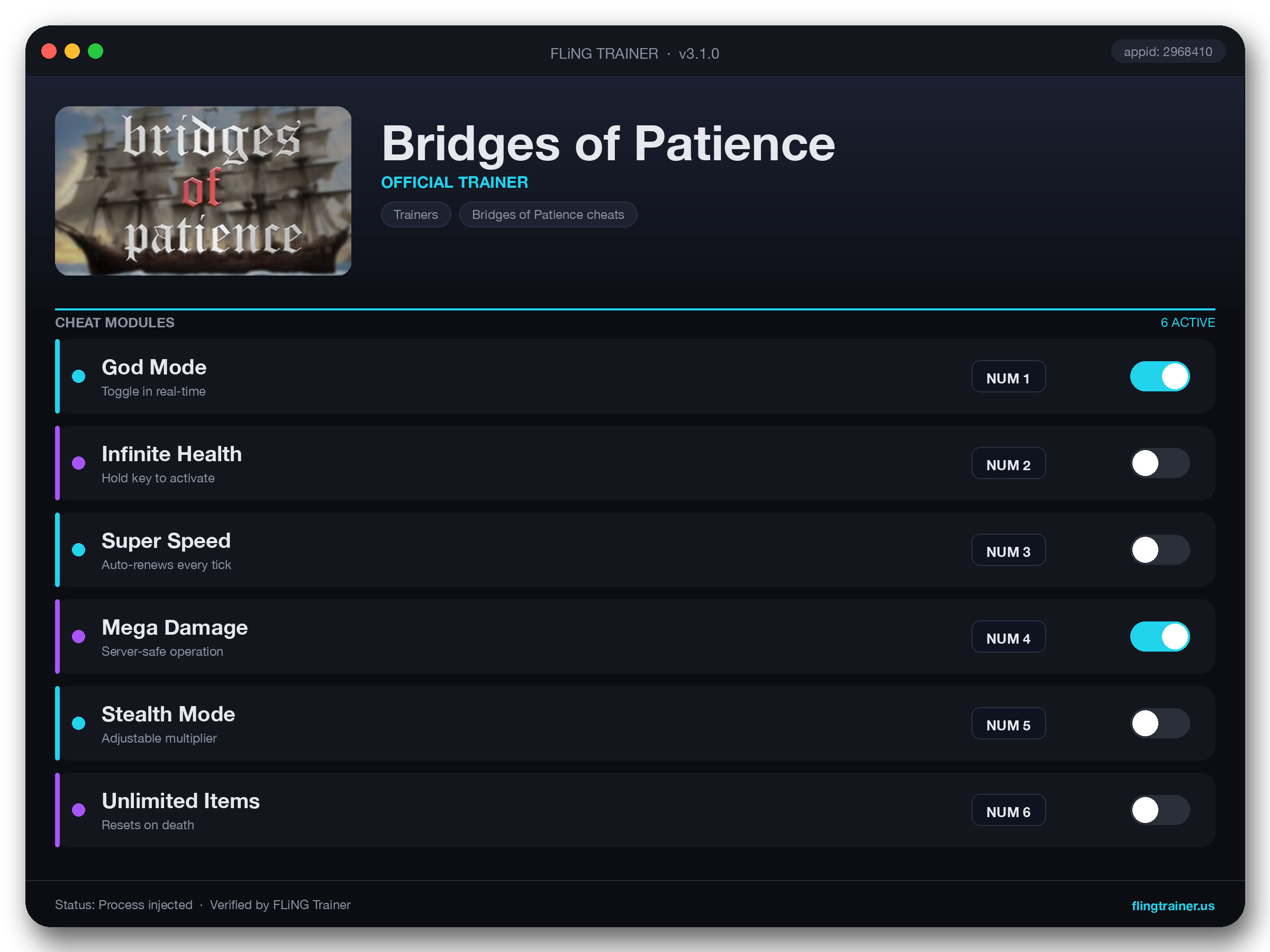 Bridges of Patience Trainer interface