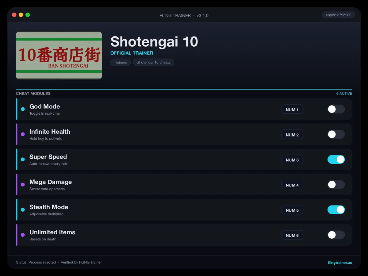 Shotengai 10 Trainer interface
