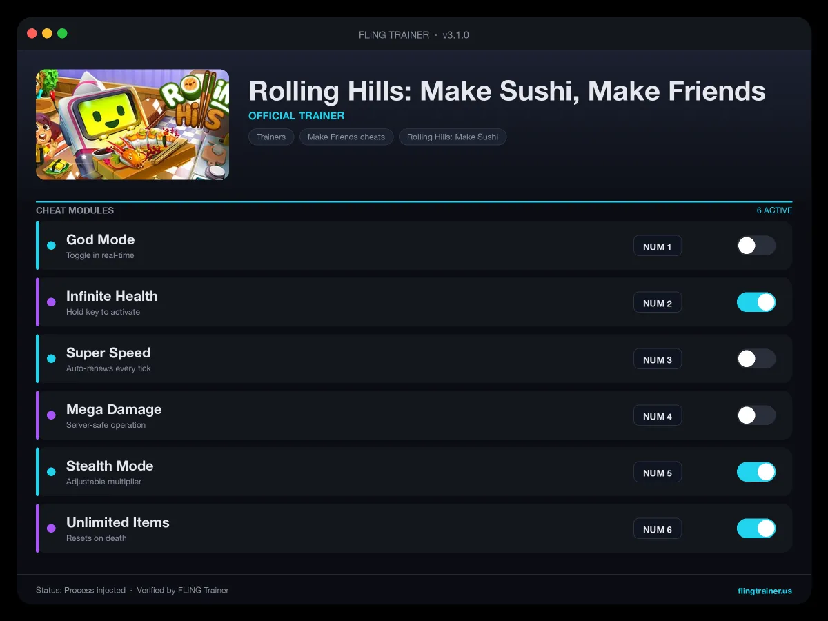 Rolling Hills: Make Sushi, Make Friends Trainer interface