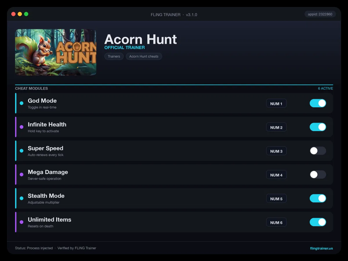 Acorn Hunt Trainer interface