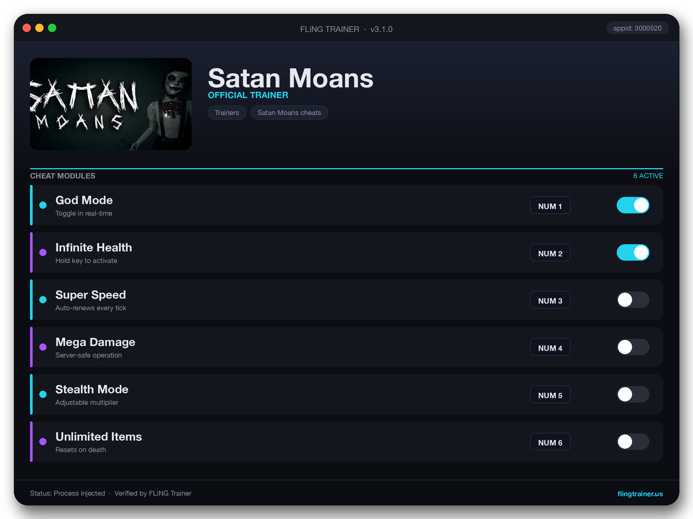Satan Moans Trainer interface