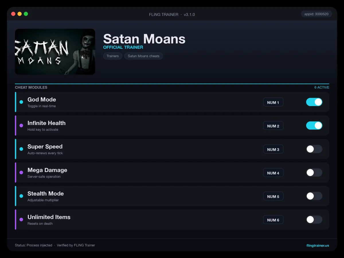 Satan Moans Trainer interface
