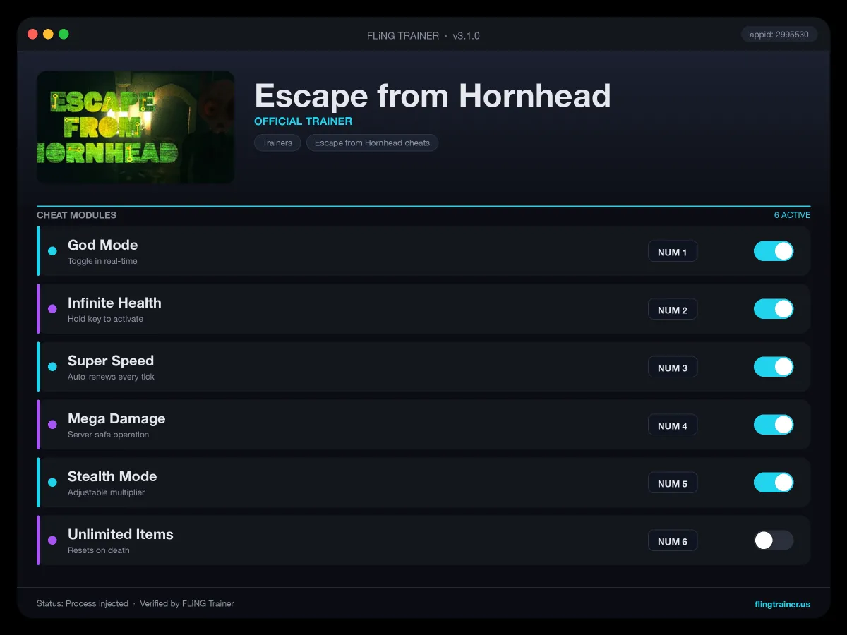 Escape from Hornhead Trainer interface