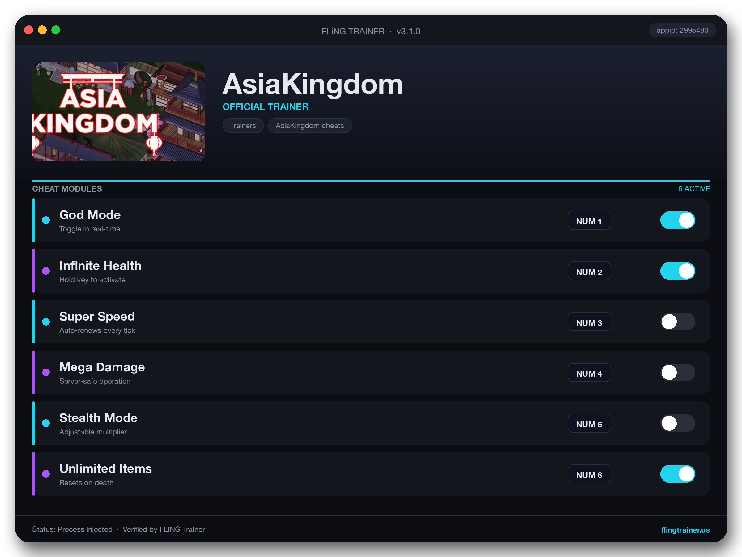 AsiaKingdom Trainer interface