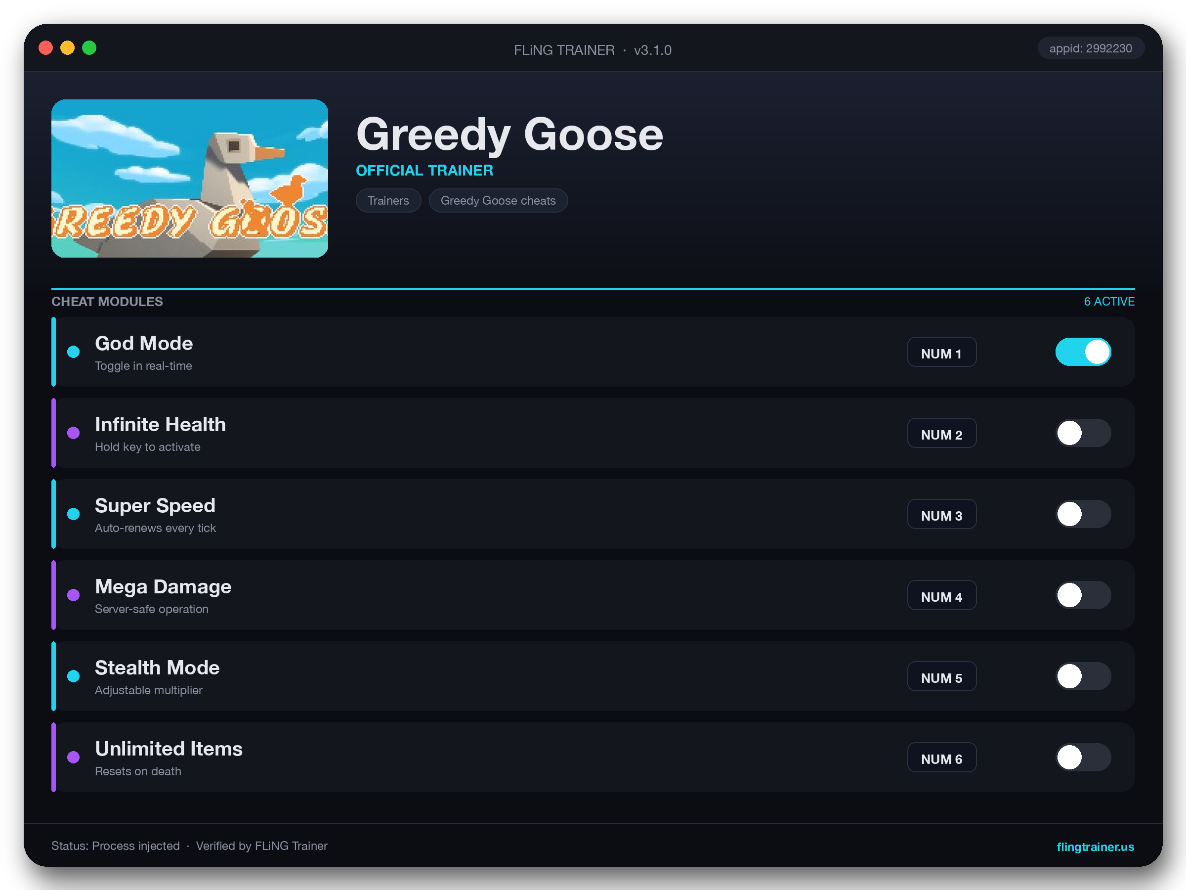 Greedy Goose Trainer interface