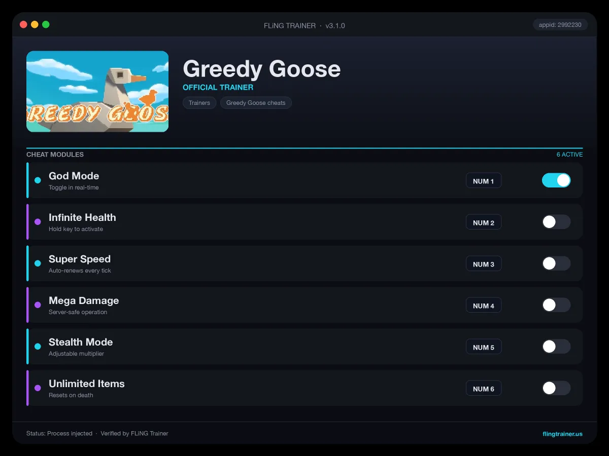 Greedy Goose Trainer interface