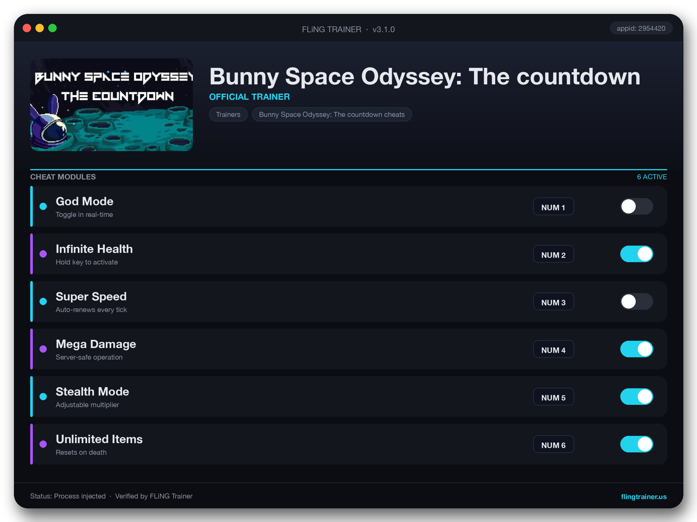 Bunny Space Odyssey: The countdown Trainer interface