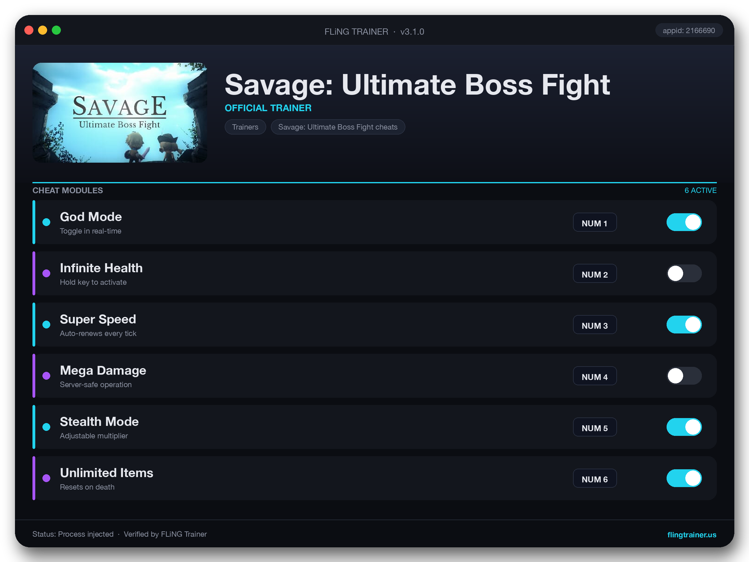 Savage: Ultimate Boss Fight Trainer interface